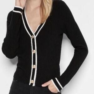 Express Ribbed Knit Cardigan Black Contrast Trim Gold Button Preppy Size Medium